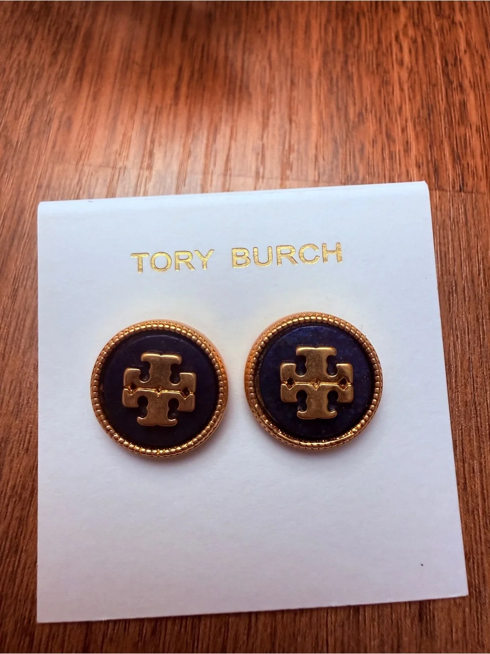 Tory Burch Navy and Gold Logo Button Necklace Pendant